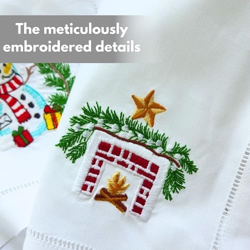 HCRAFT Embroidered Cotton Table Napkin, Cloth Napkins Set of 4 18"x18" Christmas Fireplace Napkin Square Fabric, Dining Room, Napkins Cloth Machine Washable, Christmas Napkins, Great Present Ideas