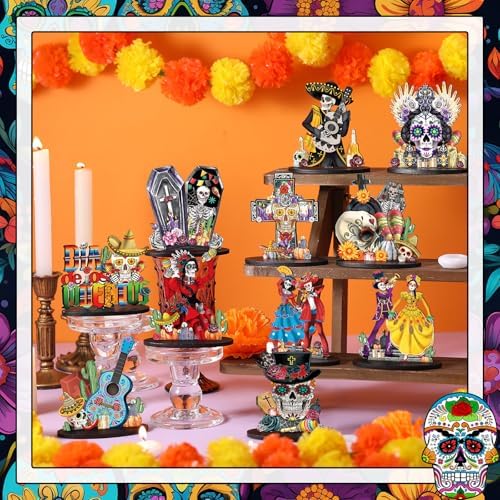 Wesiti 12 Pcs Dia De Los Muertos Table Decorations Wooden Sugar Skull Decor