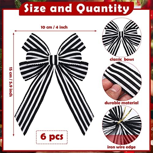 Xinnun 6 Pcs Christmas Burlap Bows Wreath Bows,Striped Style,Black, White