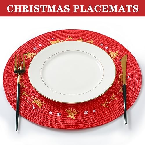 Tioncy 6 Pcs Round Christmas Placemats, Red Reindeer 13.4"