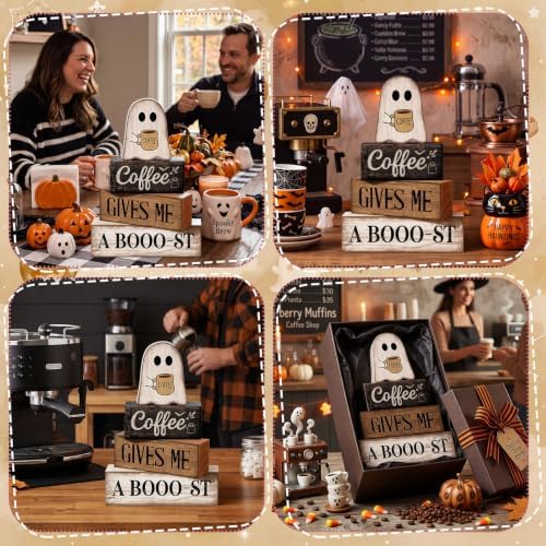 Lineshading 4 Pcs Halloween Tiered Tray Decor, Wooden Ghost Coffee Blocks