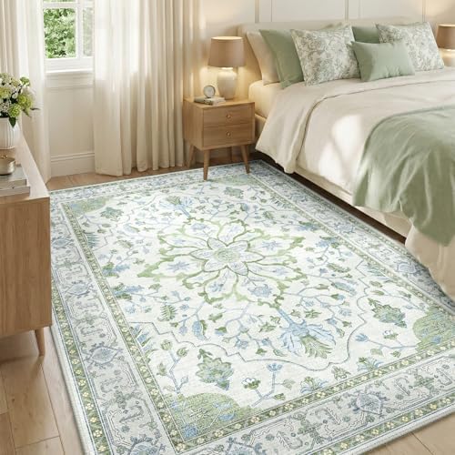 RELEANY Washable Area Rug, 5'x8', Green/White/Blue