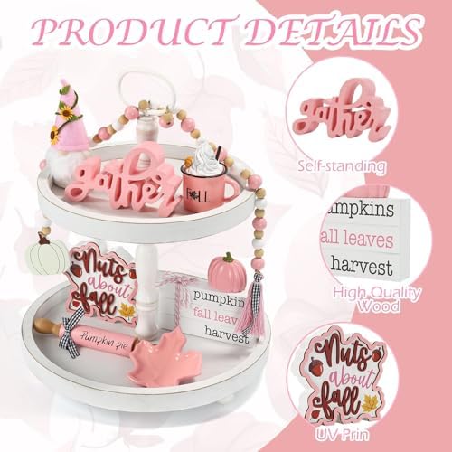 Fall Decorations for Home, 8Pcs Farmhouse Pink Fall Tiered Tray Decor Set