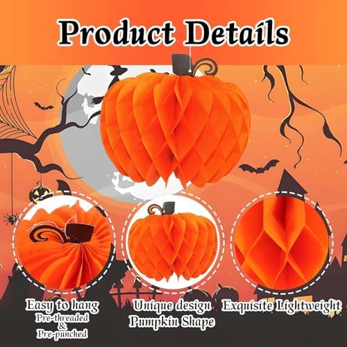 12 Pcs 10 Inch Hanging Pumpkin Shaped Honeycomb Centerpiece with String, Large Autumn Tissue Ball Table Decoration for Halloween Thanksgiving Party Supplies