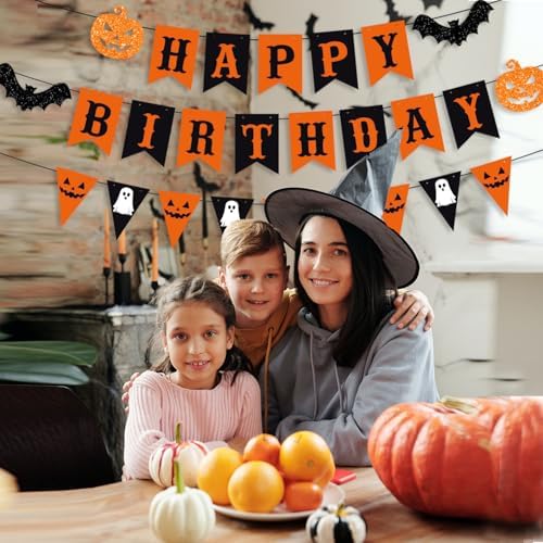 PTFNY Halloween Birthday Banner with Pumpkin and Bat Signs - Black & Orange Themed Party Decor for Wall & Fireplace