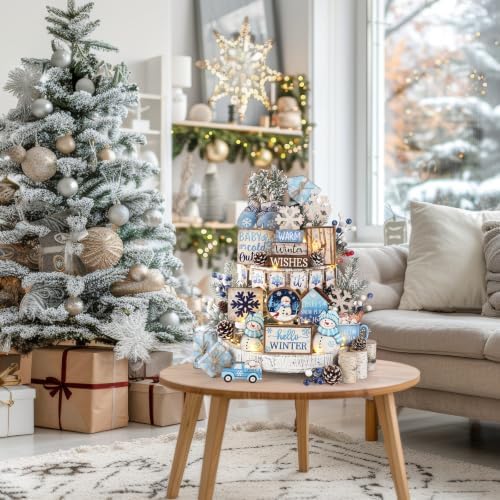 Shellwei 23 Pcs Christmas Tiered Tray Decor Set, Blue Snowman Wood Signs