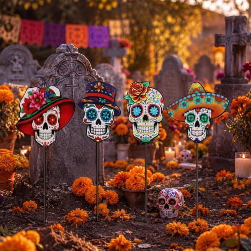 Chunful 4 Pcs Day of The Dead Decorative Garden Stake Sugar Skull Halloween