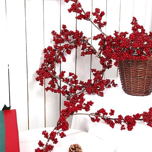 Christmas Red Pip Berry Garland, Artificial Red and Burgundy Berry Garland Decor for Winter Christmas Happy New Year Indoor Outdoor Home Fireplace Table Decorations(Mini Berry)-2PCS