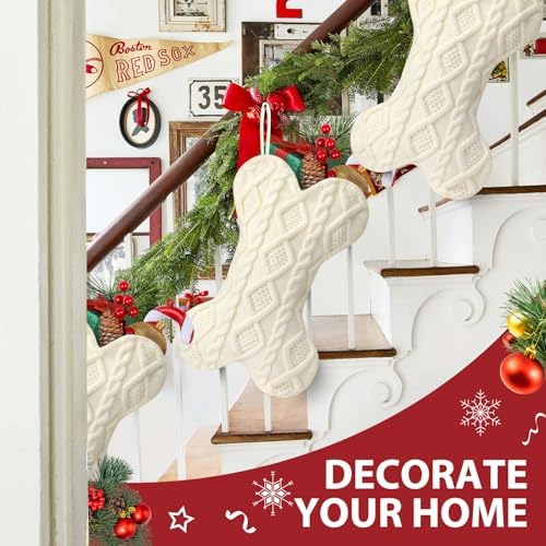 Hommtina Dog Christmas Stocking, Bone Shape Christmas Stocking for Dogs, Xmas Fireplace Hanging Stockings for Pets, Knit Dog Stockings Christmas Decorations(Bone, Classic White)
