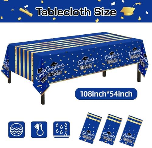 Childom 3 Pack Graduation Tablecloth,Graduation Decorations Class of 2026 Graduation Party Decorations,54"x108" Blue and Gold Plastic Table Cloth Disposable Rectangle for Home,School,Party Supplies