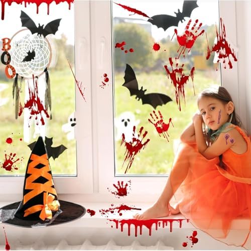 136Pcs Halloween Decorations Indoor, Scary Bloody Handprints Wall Decals Pumpkin Eyeballs Skull Window Stickers with Tattoos for Home Bedroom Floor Bathroom Door Decor (Red Handprints Footprints)