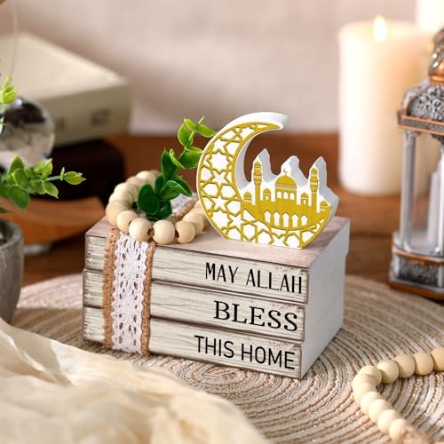 Eid Mubarak Decorations for Home Ramadan Decorations Wood Ramadan Mubarak Table Sign Golden Moon Eid Tiered Tray Sign for Islamic Muslim Table Indoor Shelf Office Gifts
