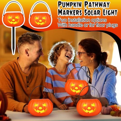 Rossesay 4 Pcs Halloween Pumpkin Pathway Markers Solar Light up Orange Jack O Lantern Stake LED Waterproof Plastic Pumpkin Light for Garden, Balcony, Yard, Lawn, Pathway, Walkway Halloween Decor