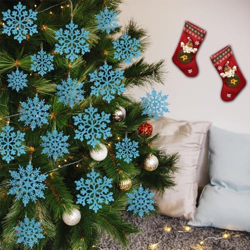 36pcs Christmas Light Blue Snowflake Ornaments Plastic Glitter Snow Flakes Ornaments for Winter Christmas Tree Decorations Size Varies Craft Snowflakes