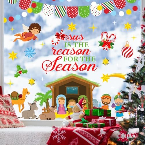 Whaline 9 Sheets Christmas Christian Window Cling Stickers Jesus Nativity Scene Window Decals Xmas Cartoon Reusable Decoration for Holiday Party Home Classroom