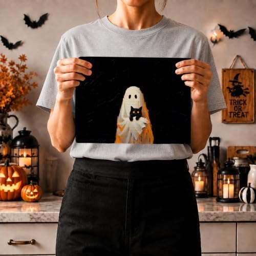 Halloween Ghost Black Cat Kitchen Towels, Halloween Hand Towels for Bathroom Decor, Whimsical Spooky Ghost Hugs Black Cat Dishcloths Dish Towel for Kitchen 16x24 Inches Set of 2
