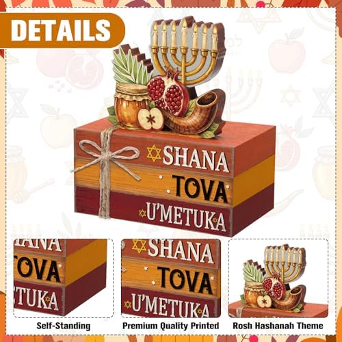 Geelin 4 Pcs Rosh Hashanah Tiered Tray Decor, Jewish New Year Party Decoration, Wooden Book Stack Signs Gifts, Shana Tova Apple and Honey Farmhouse Rustic Table Centerpiece for Shelf Coffee Bar