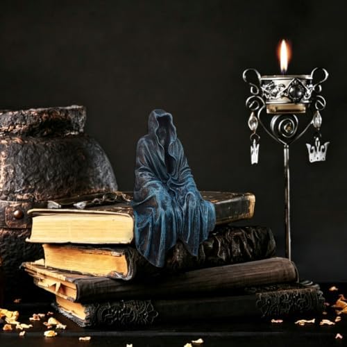 Gothic Home Decor, Resin Tabletop Gothic Sitting Figurine Shelf Sitter for Bookshelf and Desk, Grim Reaper Statue Ornament for Halloween Room Decor (Blue)