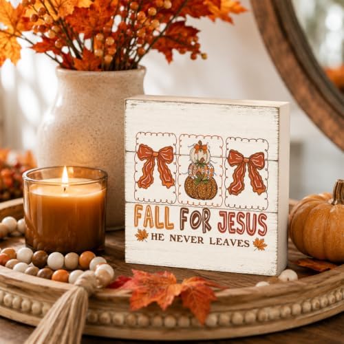 Fall For Jesus He Never Leaves Sign | Bow Pumpkin Panel Set Decor
