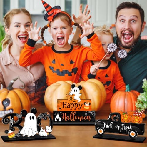 3 Pieces Halloween Table Signs Decorations, Pumpkins Ghost Truck BOO Table Centerpiece Wooden Sign, Halloween Tabletop Home Decor for Party Indoor Tiered Tray