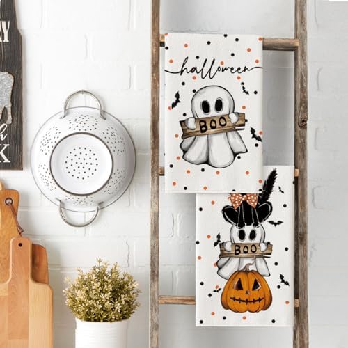 Artoid Mode Beige Cat Ghost Halloween Kitchen Towels Set of 2 18x26 Inch