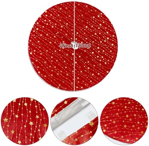 Christmas Tree Skirt Velvet Red 48 inch Large Soft Christmas Tree Mat with Gold Star Pattern for Indoor Outdoor Xmas Holiday Party Decoration