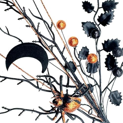 3 Pack Artificial Halloween Floral Picks Purple Orange Black Berry Stems Halloween Tree Branches with Glitter Ball for Halloween Party Flower Arrangement Centerpieces (Orange)