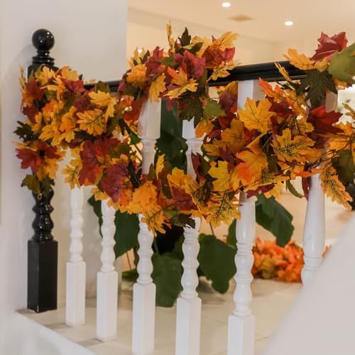 PARTY JOY 6PCS Orange Leaf Garland, 5.6Ft Halloween Garland Artificial Maple Leaf Autumn Hanging Fall Vines Thanksgiving Decorations Fall Decor