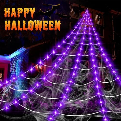 Halloween Decorations Outdoor, 200 LED Halloween Giant Spider Web Lights, 16.4Ft Lighted Spider Web Light up for Yard Haunted House Decor,Purple