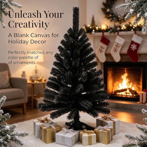 3FT Black Christmas Tree – Small Mini Xmas Artificial Trees for Home, Tabletop, Office, Apartment, Indoor Holiday Decorations, Easy-Assembly Metal Hinges & Foldable Base