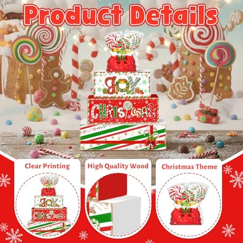 Britimes Tiered Tray Decor Set, 4 Pack, Wooden Table Sign, Candy Christmas