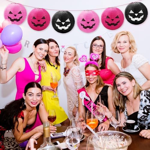 Blulu 6 Pieces Halloween Hanging Paper Lanterns Set Pumpkin Paper Jack-O'-Lantern for Halloween Spooky Home Party Decoration, 11.8 x 11 Inch (Pink,Black)