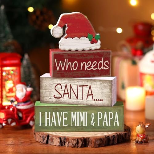 Lineshading 4 Pcs Christmas Wooden Signs Santa Hat Tiered Tray Decor