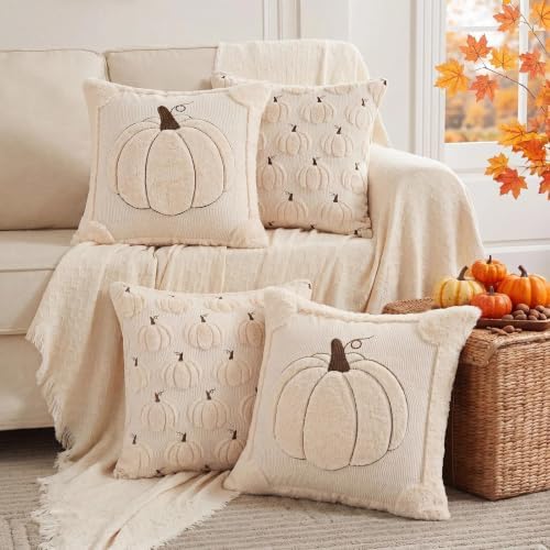 Fall Beige Pillow Covers 20x20 Set of 2 Double-Sided Pumpkin Decor