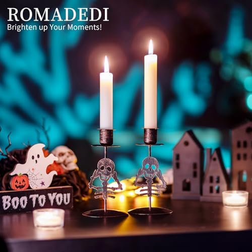 Romadedi Candle Holder for Halloween Decor: Set of 2 Black Gothic Skull Taper Candlestick Table Centerpiece Decorations Spooky Party Dinning Room Home Indoor