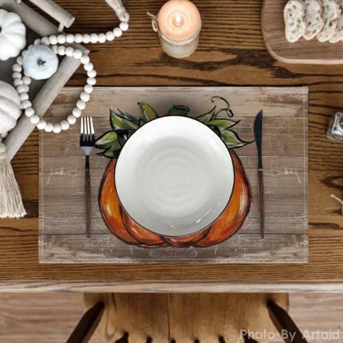 Artoid Mode Wood Pumpkin Bowknot Fall Placemats Set of 4-12 x 18 Inch