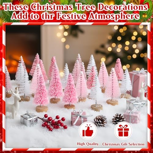 Sumind 48 Pcs 1.78 Inch Mini Bottle Brush Christmas Trees Pink White
