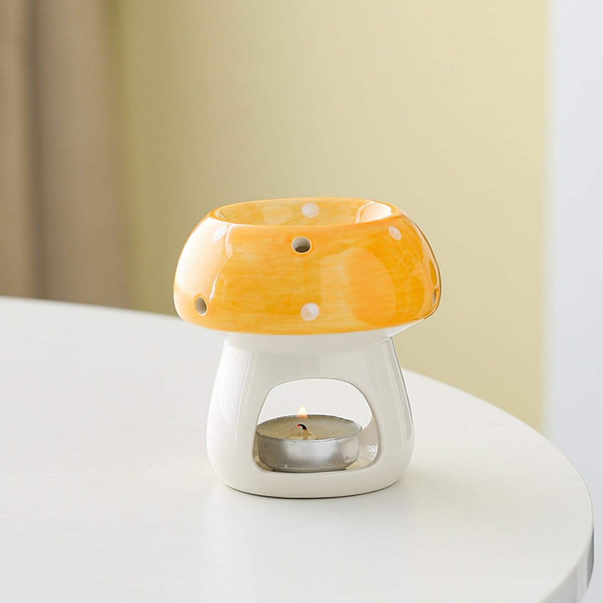 Mushroom Shaped Ceramic Tea Light Candle Holder / Yellow