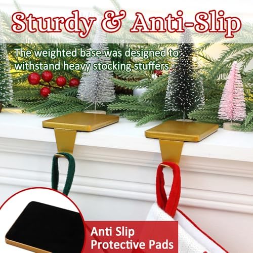 HMASYO Christmas Stocking Holders for Mantle Set of 2, Gold Heavy Duty Iron Stocking Hangers Base, Low Profile Weighted Stocking Holder Hooks for Fireplace Tabletop Shelf Christmas Decoration