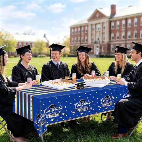 Childom 3 Pack Graduation Tablecloth,Graduation Decorations Class of 2026 Graduation Party Decorations,54"x108" Blue and Gold Plastic Table Cloth Disposable Rectangle for Home,School,Party Supplies
