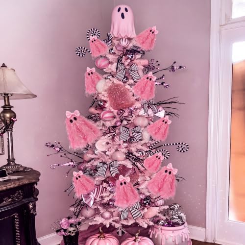 Suncalla 12 Pcs Halloween Pink Ghost Stems 12 Inch Cute Glitter Ghost Picks