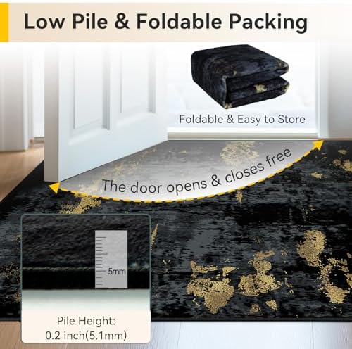 RELEANY Washable 8'x10' Abstract Area Rug for Living Room Black Gold