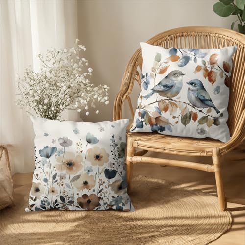 Fall Flower Bird Chinoiserie Pillow Covers 18x18 Set of 2 Burnt Orange and Blue Flowers Leaves Decorative Throw Pillows Covers Autumn Outdoor Cushion Cases for Home Couch Sofa