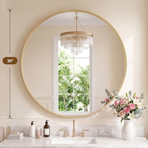 Bathroom Round Mirrors for Over Sink, 30 Inch Wall Circle Mirror with Matte Metal Frame, Modern Wall Mount Vanity