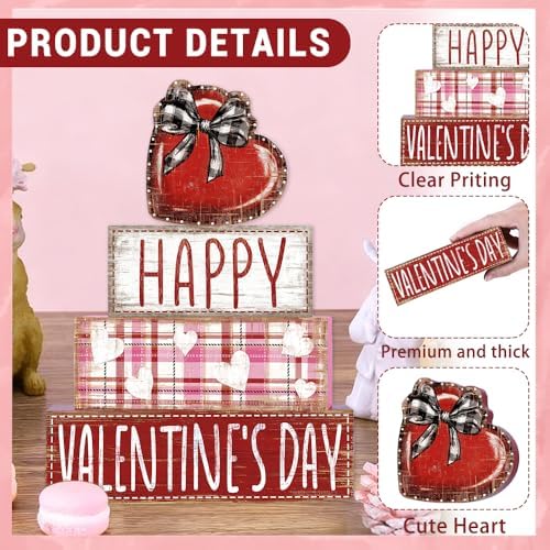DIYDEC 4Pcs Valentine's Day Table Decoration Valentine Heart Wooden Block Signs Rustic Valentines Tiered Tray Decor Happy Valentine's Day Centerpiece Sign for Farmhouse Holiday Tabletop Party Decor