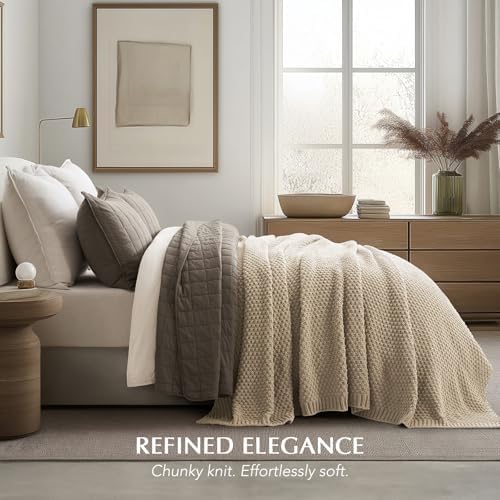 EVERGRACEHOME Chunky Chenille Knit Throw Blanket, 90 x 90, Sand Dune