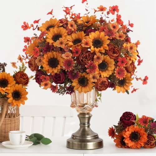Mixed 10 Pcs Fall Artificial Sunflower Peony Bouquet, Yellow Burgundy Silk Faux Flower, Autumn Faux Floral Arrangements for Wedding Table Thanksgiving Porch Planters Garden Patio Outdoors Decor