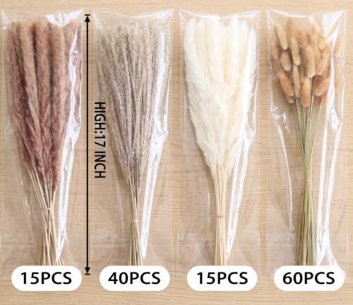 130 Stems 17" Dried Pampas Grass, Boho Table Decor Natural Reed Phragmites Grass + Brown & White Pampas Grass + Bunny Tails Flowers Bouquet for Wedding Floral Arrangements Farmhouse Home Rustic Wall