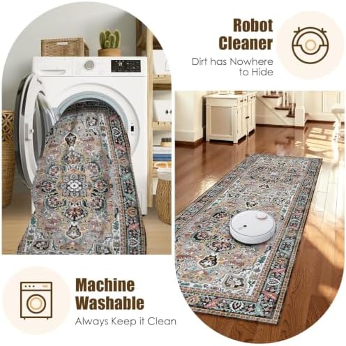 Washable Area Rug 2'6'' x 8' Vintage Traditional Persian Mat - Foldable Distressed Non-Slip Machine Washable Carpet for