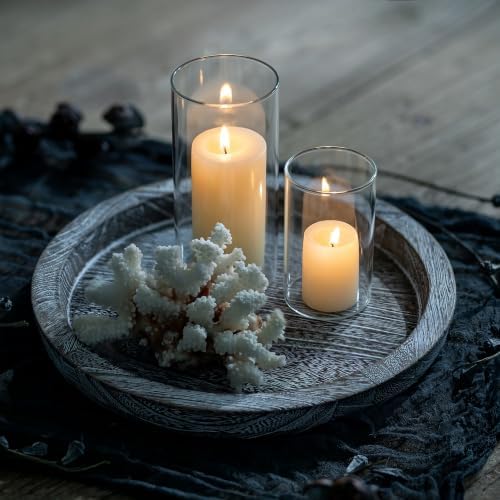 Hanobe Round Wood Candle Holder Tray, Rustic Coffee Table Centerpiece Decor